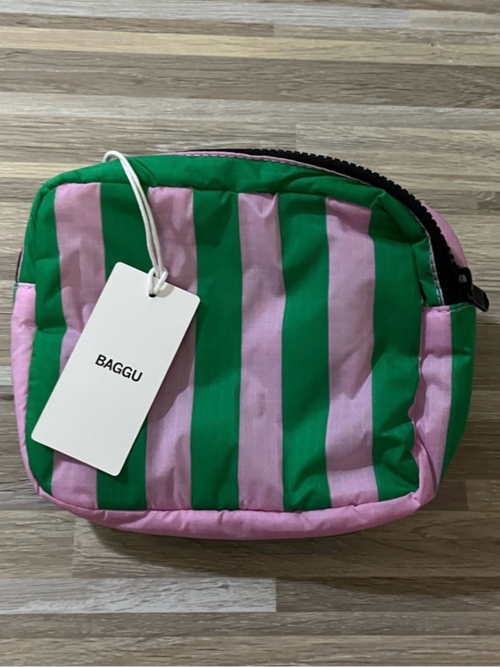 BAGGU 💚💗 Puffy Fanny Pink and Green Awning Stripe Belt Bag Hands Free Crossbody - Picture 3 of 7